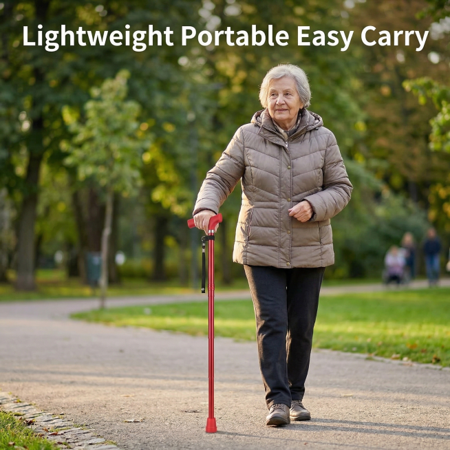 Folding Aluminum Alloy Walking Cane, elderly person using the red walking cane for outdoor walking,预览效果