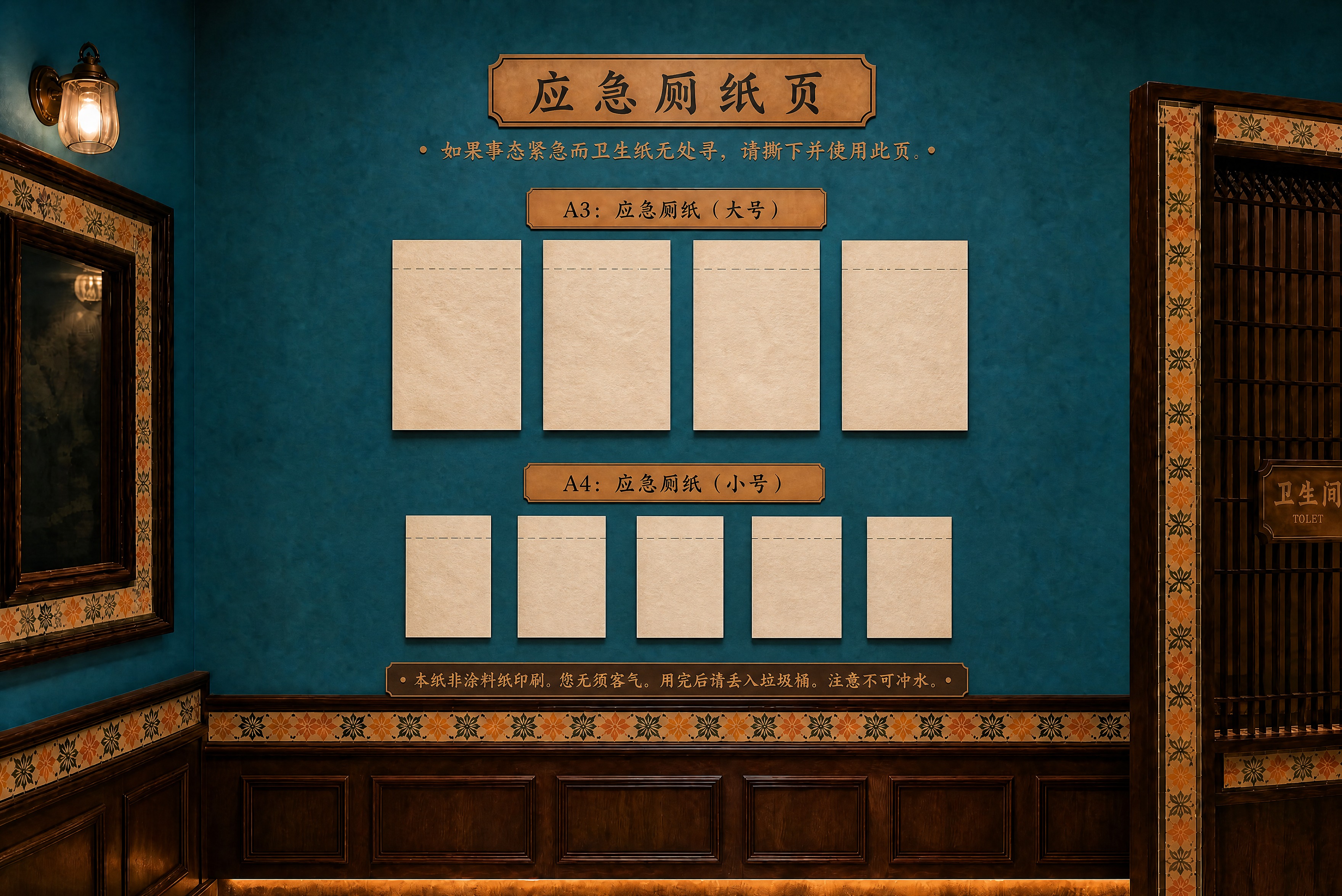 将中间的应急厕纸装置全部改为A4纸展示形式，取消所有卷纸。上下… - 图片创意预览