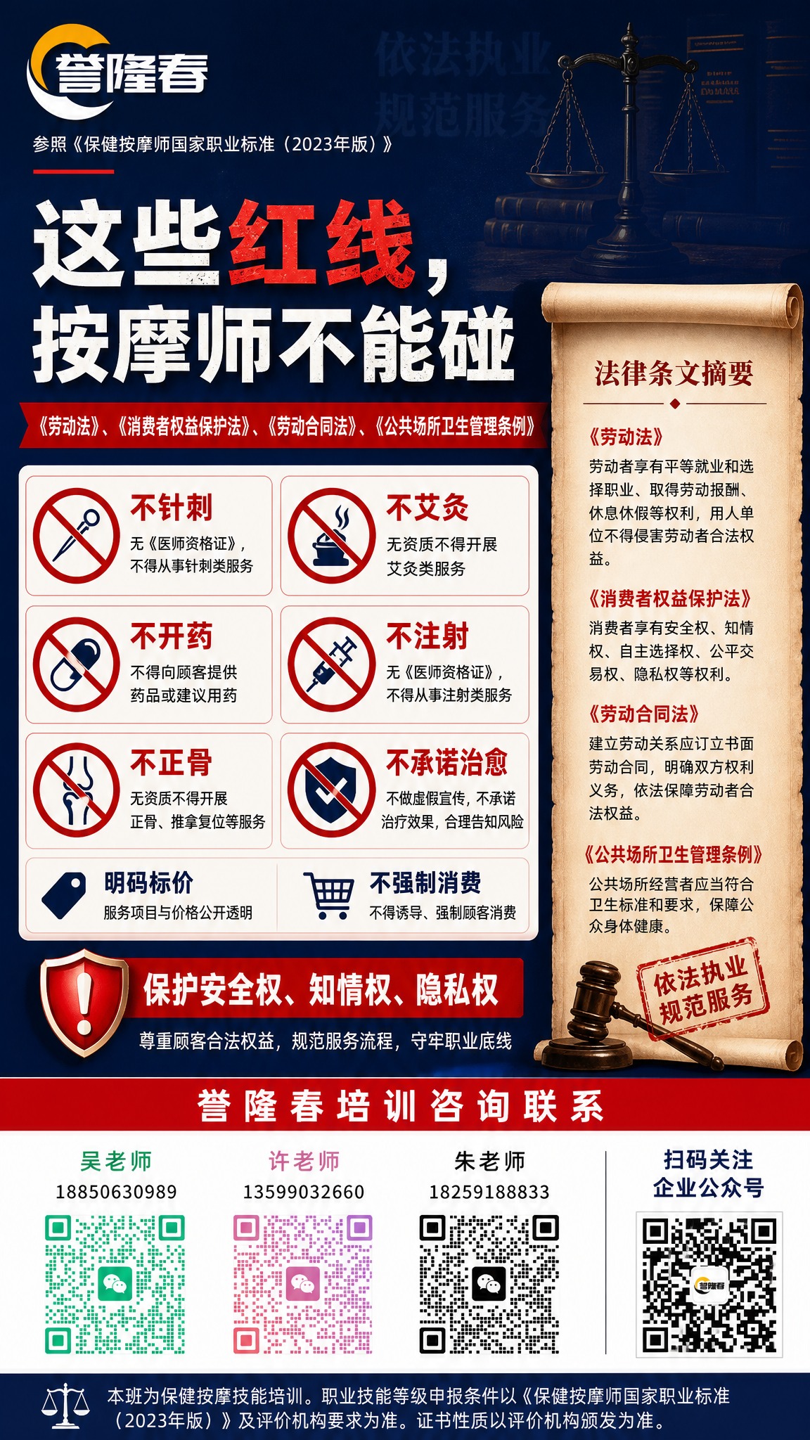 设计一张竖版职业培训法律法规主题海报，主题为按摩师从业红线，风… - 图片创意预览