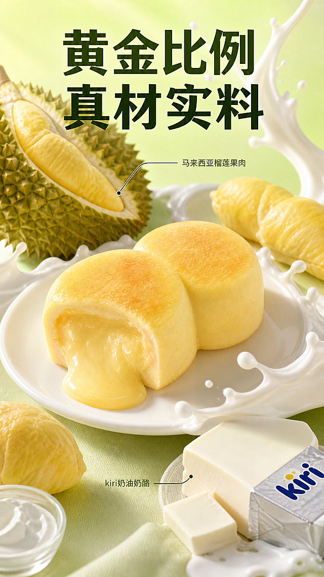 [主图-2] 圣口乐榴莲半熟芝士核心原料展示图。
[氛围风格] 新鲜自然，品质感；
[画质] 商业摄影质感、光线柔和通透、产品清晰真实、画面干净高级。
[元素] 切开的半熟芝士展示流心质地，围绕产品摆放马来西亚榴莲果肉和kiri奶油奶酪实物，用细引线分别标注食材名称。保持产品外观（物理结构、材质质感、颜色）与输入产品图绝对一致，杜绝任何变形和色差，精细化处理。商品主体占比70%左右，画面满屏无边框。
[光影] 自然暖阳逆光，通透突出食材纹理，高光柔和不溢出，暗部层次清晰，整体氛围新鲜诱人。
[配色] 主色调浅绿+奶白，搭配榴莲果肉的暖黄色调，清新自然。
[视角构图] 45度斜侧俯视，食材层次分明，景深自然。
[文字版式] 顶部大字文案"黄金比例 真材实料"，粗体清晰，引线文字小巧对应食材位置，不遮挡产品主体，文字对比分明。
[比例分辨率] 9:16比例，2k分辨率，文字清晰锐利，超高清。
[负向提示词] 变形，水印，文字错乱，产品图模糊，背景杂乱，冷链运输，坏了包赔