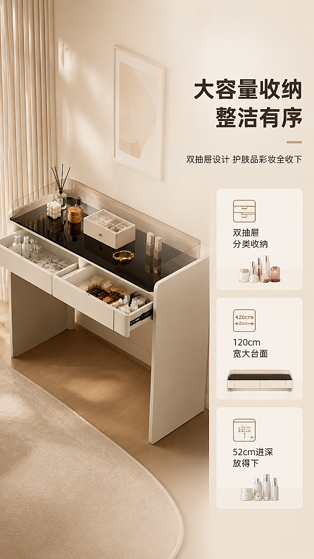 [商品] 使用【图1】DZ-8812梳妆台；保留奶白色柜体、黑色玻璃台面、双抽屉结构与整体比例；商品处理：将两个抽屉拉开至约2/3位置，抽屉内部整洁，展示收纳空间，增强抽屉导轨细节质感，不改变柜体外形。
[画面] 目标：收纳功能页，展示双抽屉储物与桌面尺度。左图右文构图，左侧约60%为梳妆台45°角展示，双抽屉拉开，抽屉内摆放护肤品、彩妆等化妆品（示意收纳容量），台面上也整齐摆放香薰、首饰盒等物品。产品占画面约65%。右侧约40%为文案信息区。背景为浅米色同色系渐变底，简洁干净。
[视觉] 套系策略：风格=奶油轻奢现代商业摄影；标题字=现代无衬线粗体（思源黑体Heavy）；正文字=简洁无衬线体（思源黑体Regular）；主色=奶白米杏；背景延展=基于奶白米杏做深浅层级、同色渐变和细腻墙面/织物质感；强调色=奶茶棕，仅用于小面积图标、引线和标签；标题色=深炭棕；正文色=中暖灰；组件=圆角浅底信息卡、细线引线、胶囊形卖点框；光影=左前侧暖柔光，柔和阴影。
[文字] 右侧文案区：主标题「大容量收纳 整洁有序」（8字），副标题「双抽屉设计 护肤品彩妆全收下」（14字）。下方3个收纳卖点：「双抽屉分类收纳」「120cm宽大台面」「52cm进深 放得下」。配抽屉图标与化妆品小图标。
[规格] 淘宝/天猫详情页，单屏比例9:16竖版，分辨率4K，中文简体，避免变形、错字、文字过小、冷蓝背景、产品颜色改变、结构失真、极限词。