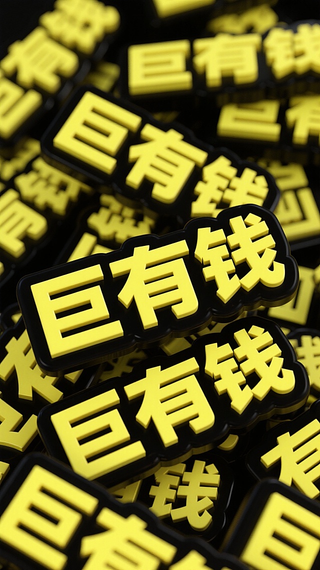 黑色背景上，大量 “巨有钱” 文字以荧光金色立体字粗体（带黑色外框）重复密集，重复交叠，交错叠放