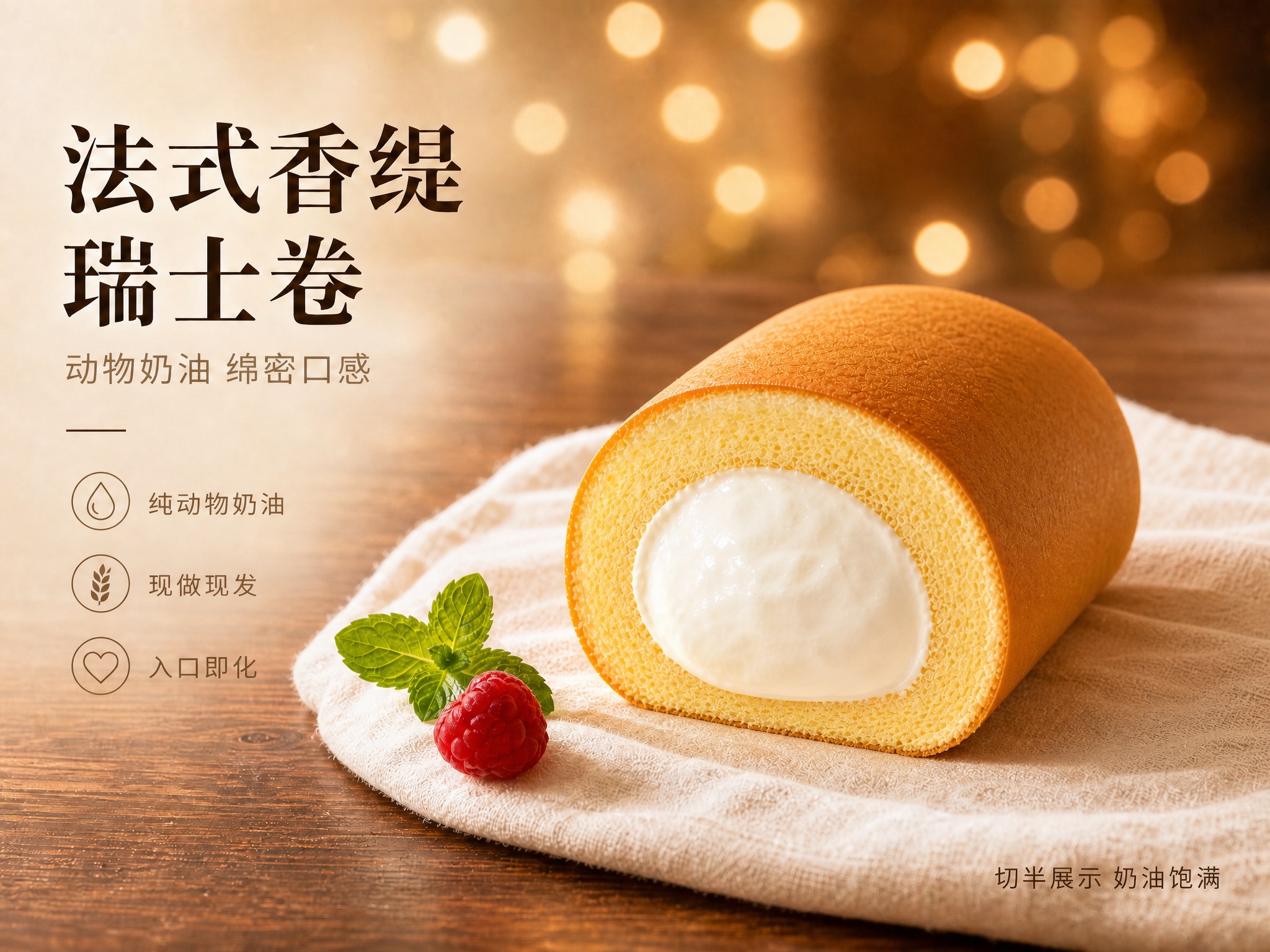将图中的瑞士卷缩短，长度减少约三分之一，变成更短更粗的半卷形态… - 图片创意预览