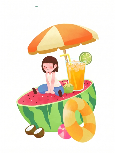 将女孩旁边的水杯换成插着吸管的橙汁，橙汁里面带有冰块，保持原图的插画风格不变，保留其余元素不变预览效果