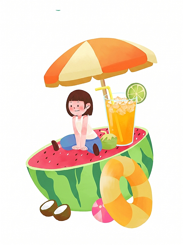 将女孩旁边的水杯换成插着吸管的橙汁，橙汁里面带有冰块，保持原图的插画风格不变，保留其余元素不变