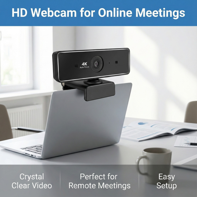 webcam一般用于小型会议室，为这款webcam，生成一张可以用于美国亚马逊电商主图应用场景图，webcam应该放置在电脑上，图片比例1:1。预览效果
