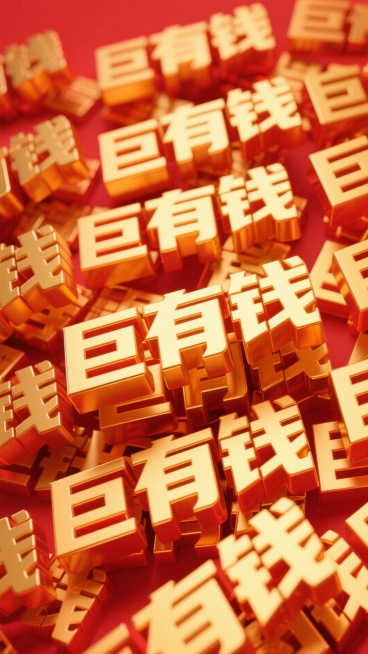 红色背景上，大量 “巨有钱” 文字以荧光金色立体字粗体重复密集，重复交叠，交错叠放预览效果