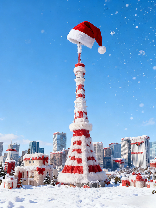 给所有建筑穿上毛绒绒的圣诞套装，保持建筑原本形态，落雪背景，塔尖带圣诞帽。