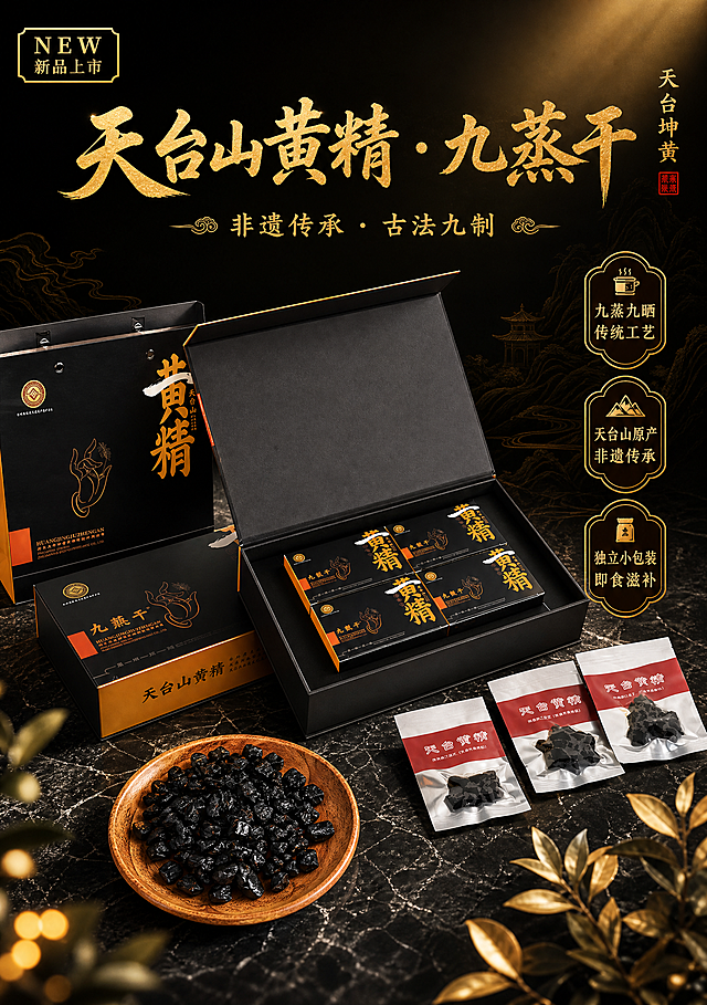 高端滋补品新品上市海报，A4竖版，写实商业摄影风格，黑金配色，沉稳大气，国潮非遗质感。

画面主体为天台坤黄九蒸干黑色礼盒（天台山黄精），以【图1】打开的礼盒为核心主视觉居中偏下展示，礼盒内四盒黄精整齐排列，黑色礼盒质感高级，金色字体清晰。【图2】的礼盒手提袋与外盒在左侧后方辅助露出，【图3】的独立小包装在右前方散落展示，【图4】木盘中的黄精食材在前景作为食材点缀，所有商品100%还原上传商品图的外形、包装、LOGO、印刷文字、颜色与结构，包装文字清晰可读。

背景为深黑色渐变，带有微弱的金色光晕与中式山水纹理暗纹，顶部有柔和的暖光从侧上方打下，礼盒表面有精致的高光反射，营造高端奢华的氛围。画面底部有深色大理石台面承托，前景点缀少量虚化的金色光斑与黄精叶片，增加景深。

画面上半部分为文字排版区，版式精美：
- 顶部左上角：金色"NEW 新品上市"小标签
- 主标题（画面上方居中）：金色大气书法字体"天台山黄精 · 九蒸干"
- 副标题（主标题下方）：稍小金色字体"非遗传承 · 古法九制"
- 主标题右侧：竖排小字"天台坤黄"
- 画面右侧中部：三个竖向排列的金色卖点标签，分别写着"九蒸九晒 传统工艺"、"天台山原产 非遗传承"、"独立小包装 即食滋补"

画面中不显示任何价格、零售价、折扣信息。所有文字清晰可读，字体风格为中式国风，金色与黑色对比鲜明。四边留有安全边距，整体构图平衡，高端典雅，突出新品上市的品质感与礼盒送礼属性。

画面中所有信息区域必须填充完整合理的内容，不得出现空白框、空白占位、横线待填写区域。商品主体占画面约55%，文字不遮挡产品主体。
