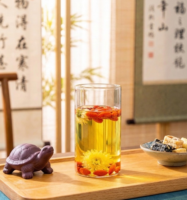 保留图片里的玻璃杯子、杯中的枸杞、菊花、红枣，将背景替换为新中式禅意茶室场景，有浅色木质茶桌，旁边摆放古朴的紫砂茶宠和一小碟茶点，光线柔和温暖，营造出闲适的养生茶饮氛围预览效果