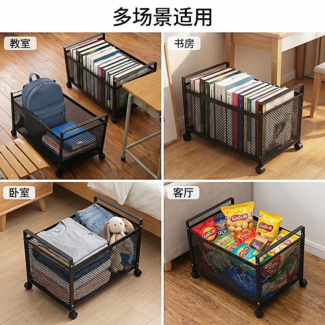 [主图 4] 多场景适用性宫格展示。[氛围风格] 真实场景实拍，干净明亮，突出多用性。[画质] 商业摄影质感、光线柔和通透、产品清晰真实、画面干净高级。[元素] 四宫格布局展示不同使用场景：左上教室课桌旁放课本，右下客厅放零食杂物，左下卧室放衣物，右上书房放书籍。每个场景中的黑色收纳篮子都保持外观（物理结构、材质质感、颜色）与输入产品图绝对一致，杜绝变形色差。四个宫格之间用细白线分隔，整体干净整齐。[光影] 每个场景光线均匀自然，保持整体光影风格统一。[配色] 每个场景保持原有环境色调，整体清新自然。[文字版式] 顶部大标题 "多场景适用"，每个宫格角落标注场景名称，字体小而清晰，不遮挡产品。[比例分辨率] 1:1 比例，2k 分辨率；文字清晰锐利，画面超高清。[负向提示词] 变形，水印，文字错乱，产品图模糊，背景杂乱。