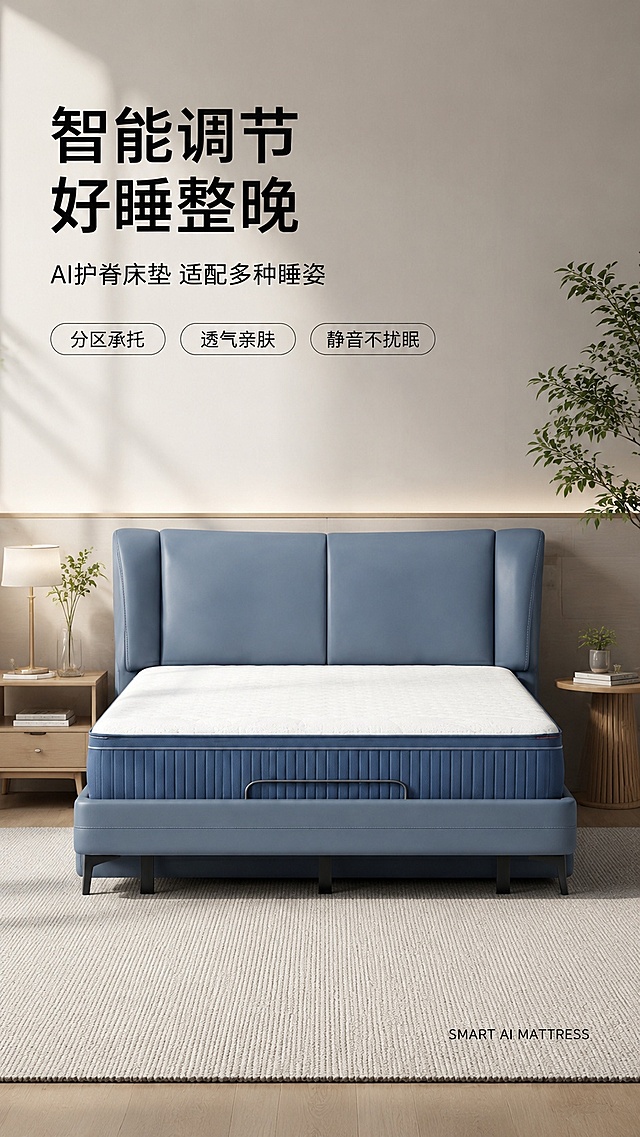 现代感与科技感融合的3D风设计，智能AI床垫展现未来家居美学，简洁线条搭配柔和光影，营造静谧舒适的睡眠空间。