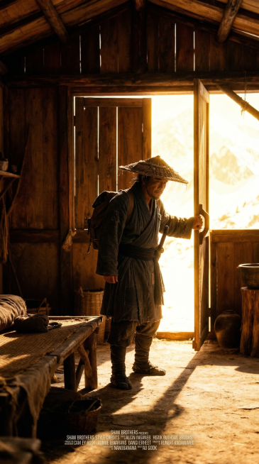 邵氏电影风格，70年代武侠片质感，胶片颗粒感，复古暖黄色调。侠客站在木门内侧，一只手拉开门，身体微微前倾，脸上带着期待的表情。门外光线强烈，形成剪影效果。电影感光影，4K画质预览效果