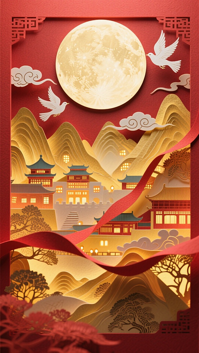 剪纸风与微缩艺术结合，红金配色尽显中式复古与喜庆，月圆山峦间飞鸟翩跹，营造梦幻唯美意境，传递中秋团圆之雅韵。
