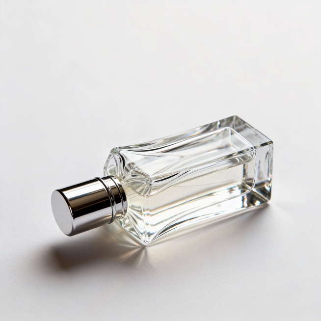 一瓶精致的香水，瓶身设计优雅，透明玻璃材质，带有金属质感的瓶盖，放置在纯色背景上，光线柔和，突出香水的高端质感和精致细节预览效果