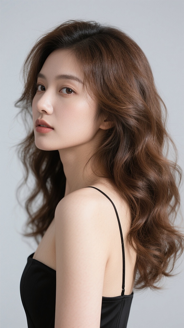 女性侧脸特写，柔和侧光，浅灰色背景，光滑细腻的肌肤质地，黑色抹胸礼服，保持头发主题，变换为棕色波浪卷发，发丝蓬松有层次，发尾微卷，光泽感强，整体画面简约干净，突出发型与发质的精致感。