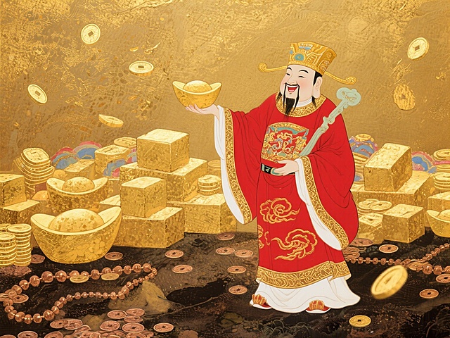 我想生成一副100*75cm的财神爷的IP形象人物、背景中要有元宝、黄金、或者金钱元素、背景整体为金色调、财神爷人物是全身形象，正面站立，手送元宝的动作，