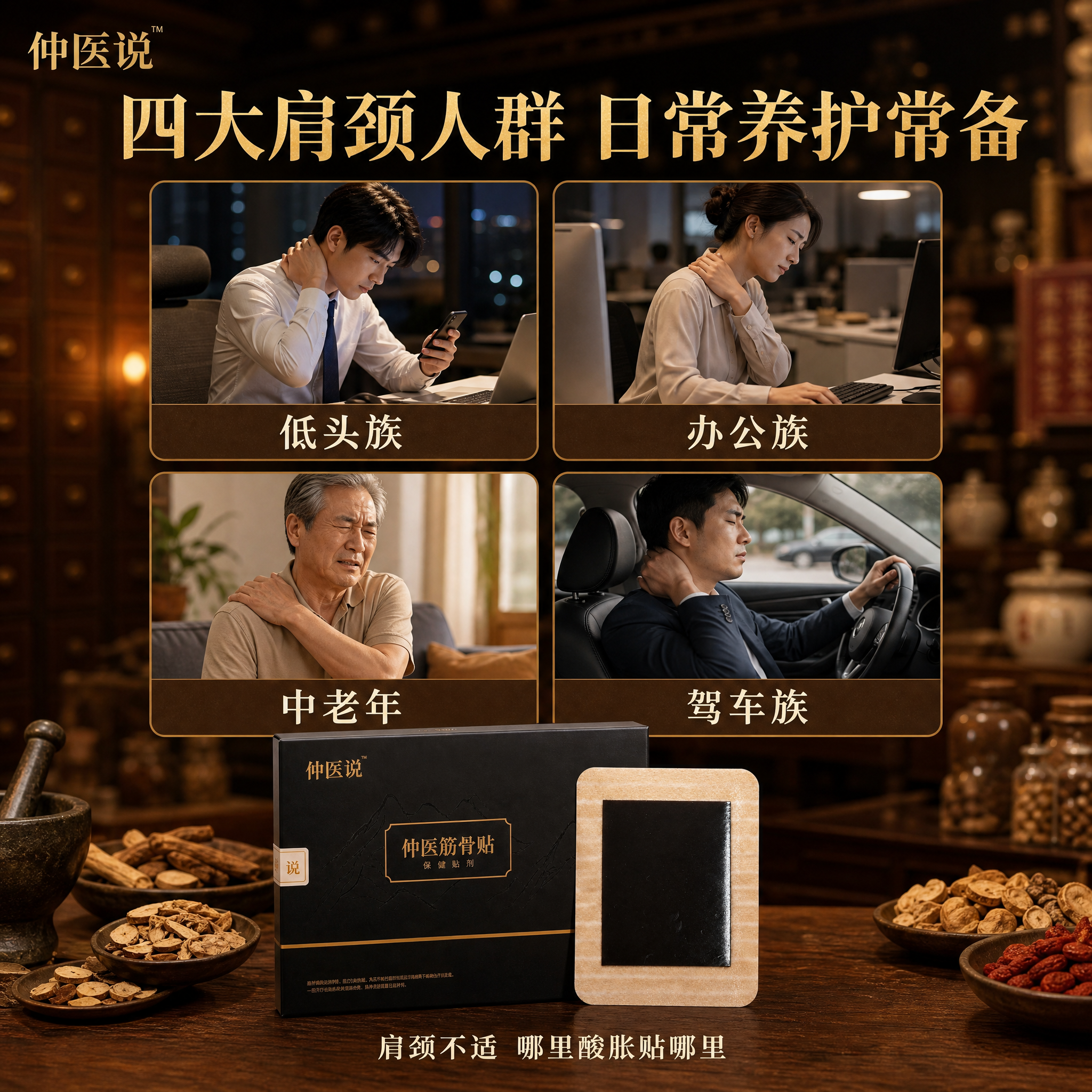 淘宝电商主图第四张，1:1比例，仲医筋骨贴肩颈适用人群场景宫格… - 图片创意预览
