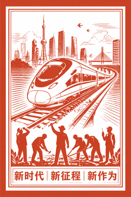 参考图片的红色单色版画剪纸风格，生成新时代主题海报：核心主体现代高铁车头放置画面中心，做简化线描处理；高铁向前飞驰，下方是新时代铁路工人劳动者群像剪影，背景搭配现代城市天际线剪影，添加延伸的轨道线条，预览效果