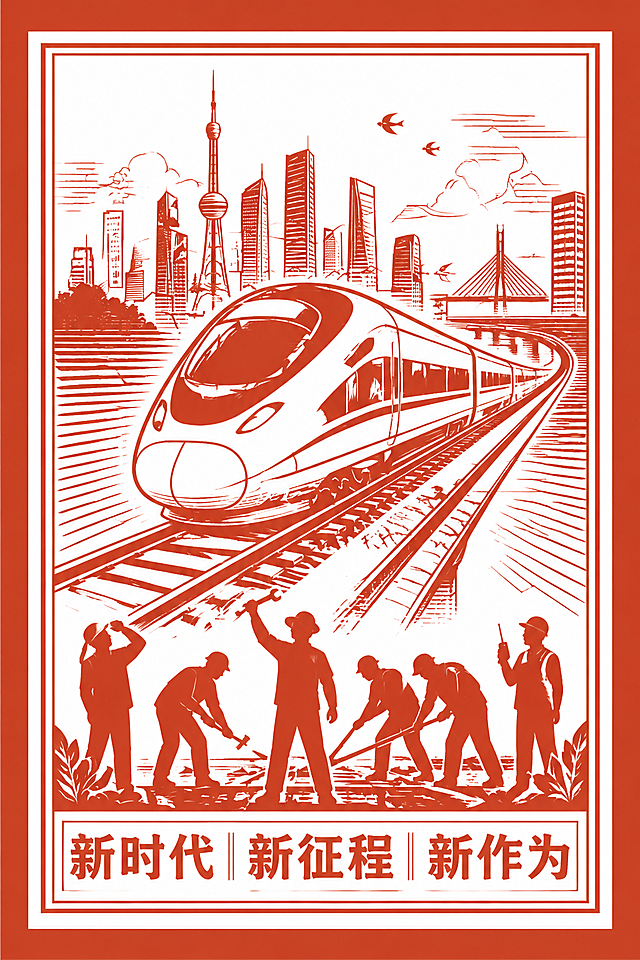 参考图片的红色单色版画剪纸风格，生成新时代主题海报：核心主体现代高铁车头放置画面中心，做简化线描处理；高铁向前飞驰，下方是新时代铁路工人劳动者群像剪影，背景搭配现代城市天际线剪影，添加延伸的轨道线条，简化城市建筑轮廓，整体风格与参考图保持一致。