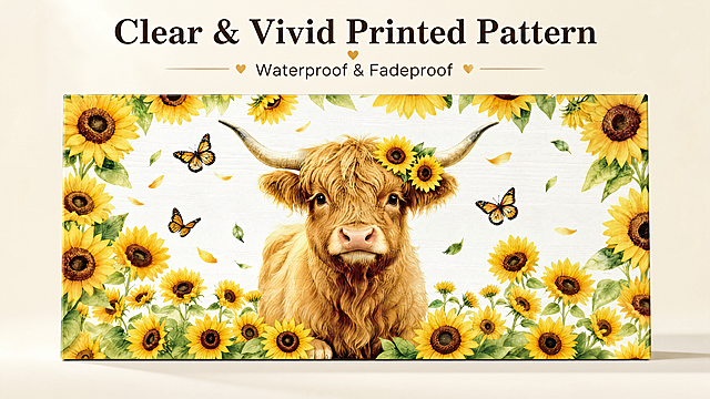 [第3屏] 图案细节特写屏 - 展示Stylish Printed Pattern。本屏使用【图1】作为商品主体。放大展示正面印花区域，占画面70%，完整展示高地牛向日葵蝴蝶水彩印花，保持原图配色位置不变，突出印刷清晰度和色彩饱和度。浅纯色背景，柔和光线。全局#F5F0E6底色。顶部标题"Clear & Vivid Printed Pattern"，标注"Waterproof & Fadeproof"。16:9横版，4K，文字清晰。负向提示：图案模糊，中文文字