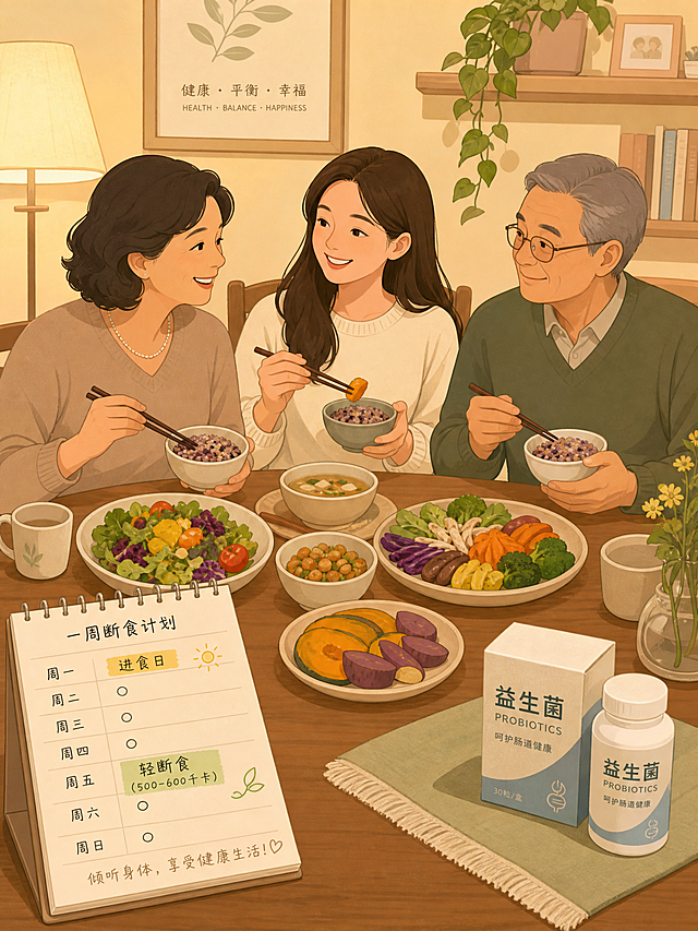 健康家庭温馨场景，年轻女性与中老年父母共进杂粮与彩虹蔬菜餐，餐桌一角放着一周断食计划的备忘录（周一标记“进食日”、周五标记“轻断食（500-600千卡）”）和一盒益生菌瓶。暖黄灯光，柔和平和，扁平生活插画。
