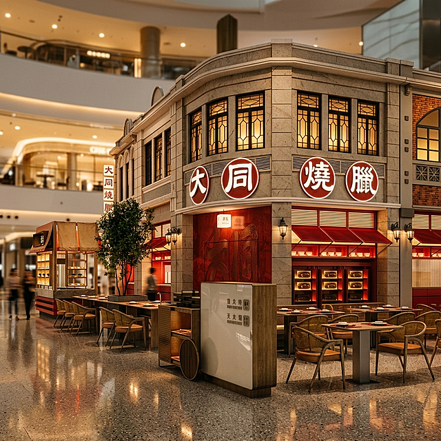 1:1 强制几何保真转换，严格保留所有空间结构，严格保留文字内容，严格保留家具尺寸与摆放位置，原样保留所有元素，不增加任何元素。将SU线稿转为暖调商业摄影，所有表面替换为高精度PBR物理写实材质，光影反射折射完全物理正确。场景为商业体内餐饮外摆。室内3200K暖黄吊灯全开，柯达Gold200复古胶片调色，颗粒感适中。哈苏X2D 100C拍摄，f/4，1/15s，ISO400，24mm，长曝光捕捉动态模糊，8K超高清，原图比例，电影感拉满。