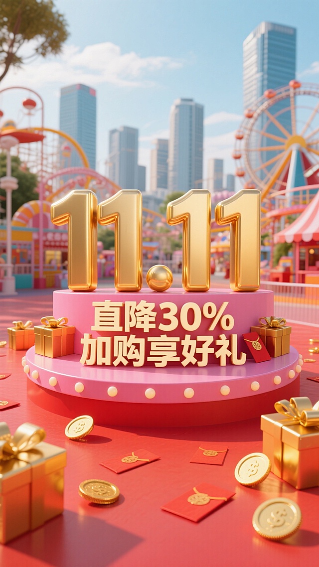 巨大的金色 “11.11” 立体数字立在带有粉色装饰的圆形展台上，展台上有字“直降30% 加购享好礼”周围有金色礼盒，点缀红包、金币等元素，背景为白天的游乐场，城市建筑群在后方若隐若现，大量红色搭配粉、橙为主色调，红色地面，促销氛围