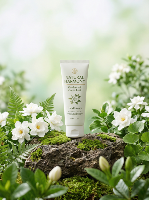 将护手霜产品自然融入自然场景，画面正中央直立放置产品，产品放置在一块质感粗糙的深色岩石上，岩石表面覆盖着鲜活翠绿的青苔，岩石周围布置着盛开的纯白色栀子花、绿色蕨类植物和圆润绿叶，背景是干净柔和的浅绿色预览效果
