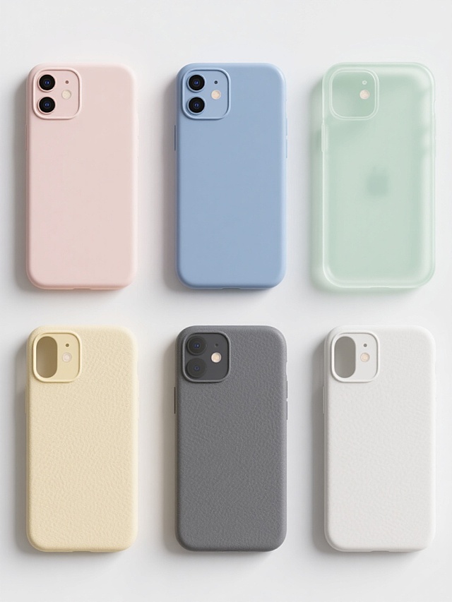 六个现代简约风格的智能手机保护壳，采用3D渲染技术，每个手机壳具有不同的纯色设计和材质质感——包括磨砂哑光质感的浅粉色、光滑亮面的天蓝色、细腻绒面的淡绿色、半透明果冻质感的浅黄色、带有细微纹理的深灰色以及温润陶瓷质感的纯白色，手机壳背面平整无图案，仅在左上角有凸起的摄像头模组，整体造型简约流畅，边角圆润处理，六个手机壳呈规整矩阵式排布，背景为纯白色，光线均匀柔和，无阴影，无任何文字、logo和水印。