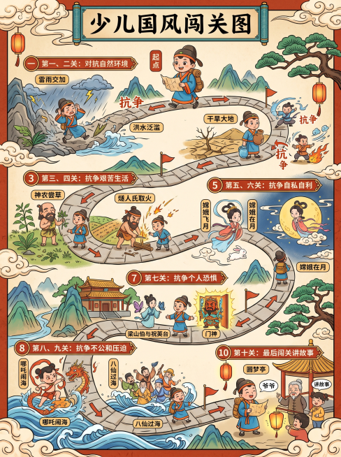 设计一张中国风风格的孩子行走闯关地图，比例为3:4。包含十个关卡的内容布局：第一二关卡主题为对自然环境的抗争，配上大自然图片和抗争小图形；第三四关卡主题为对艰苦生活的抗争，配上神农尝草和燧人氏取火的图预览效果