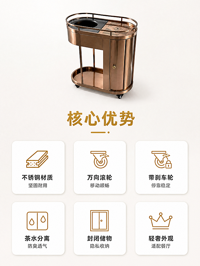 [第2屏] 核心卖点总览：玫瑰金不锈钢茶水车核心优势卡片展示。
[氛围/风格] 简洁清晰专业风，信息层级分明，商业设计感。
[元素布局] 页面居中排列6个圆角卖点卡片，分两排，每排3张卡片，每张卡片搭配一个简约图标和标题。背景为浅米灰色渐变干净底色，顶部放置茶水车小图展示全貌。保持产品外观与图1一致，产品放在顶部占页面15%高度。每张卡片占比均匀，间距合适不拥挤。
[光影质感] 均匀柔和顶光，卡片阴影自然，文字清晰，整体明亮干净。
[配色色系] 全局底色：#F5F5F5（浅米灰）；卡片底色：#FFFFFF；文字：#333333深棕色；图标边框：#B8860B（玫瑰金）。
[视角构图] 从上到下排版，顶部产品图，中部卖点卡片，整体均衡稳定。
[文字版式] 顶部主标题写"核心优势"，居中，玫瑰金色加粗。6个卖点卡片分别为：1 不锈钢材质 坚固耐用；2 万向滚轮 移动顺畅；3 带刹车轮 停靠稳定；4 茶水分离 防臭透气；5 封闭储物 隐私收纳；6 轻奢外观 适配餐厅。每个卡片图标在上，标题在下，居中对齐，文字清晰，深色文字配浅色卡片对比明显。
[比例分辨率] 3:4竖版比例，4K分辨率，文字清晰可辨，超高清。
[负向提示词] 变形，水印，文字错乱，卡片模糊，背景杂乱，颜色怪异