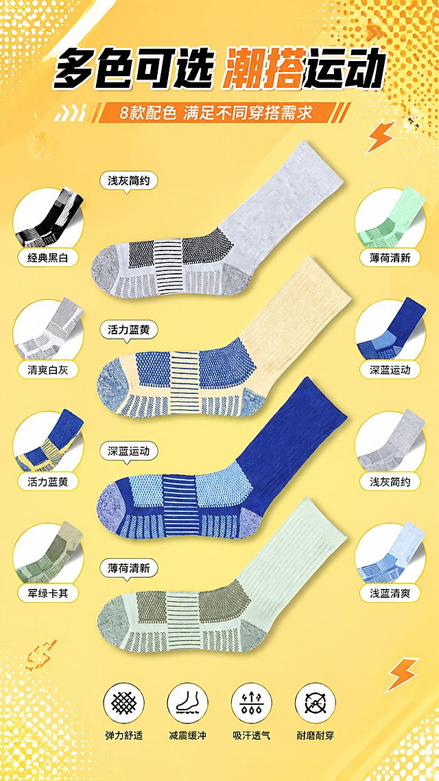 [第8屏] 多色矩阵展示页-全色系款式总览。本屏使用【图3】作为商品主体（四色竖排运动袜）。
[氛围/风格] 潮流运动风，暖亮色调，色彩丰富，年轻活力。
[元素布局] 画面中央展示四色竖排运动袜（浅灰黑拼、米黄蓝拼、深蓝拼、薄荷绿拼），占比约50%；周围环绕其他配色小图展示；背景为暖黄色渐变，带潮流几何图形和波点装饰；袜子颜色、结构与输入图一致。
[光影质感] 顶部均匀柔光，每双袜子下方有柔和投影，整体明亮饱满，色彩鲜艳。
[配色色系] 全局底色 #FFE066（暖亮黄色渐变）；主色亮黄+白色；辅助色各袜款颜色自然呈现。
[视角构图] 俯视平铺视角，中央主展示+周围小图环绕，阅读动线中心向外扩散。
[文字版式] 版式为顶部大标题+中央多色矩阵+底部色号名称。主标题「多色可选 潮搭运动」，副标题「8款配色 满足不同穿搭需求」；底部列出主要色号名称：「经典黑白」「清爽白灰」「活力蓝黄」「军绿卡其」「薄荷清新」「深蓝运动」「浅灰简约」「浅蓝清爽」；每款袜子旁有小标签标注颜色名称。
[比例分辨率] 9:16 竖版比例，4K分辨率，文字清晰可辨，高清画质。
[负向提示词] 袜子变形，颜色偏差，缺件错件，水印，文字错乱，产品模糊。