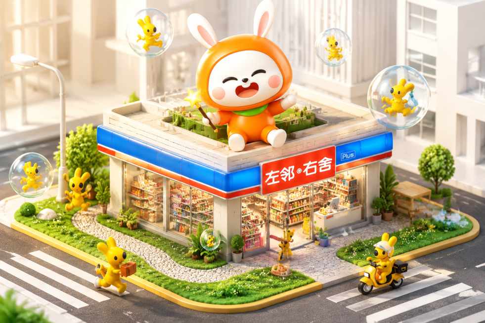 等距视角3D微缩场景，左邻右舍便利店建筑，参考图1的左邻右舍便利店，透明玻璃橱窗展示内部收银台货架，多只IP形象分布在场景中：一只巨型小Too的IP参考图2的橙色兔子形象坐在建筑平台，一只拿着快递的小预览效果
