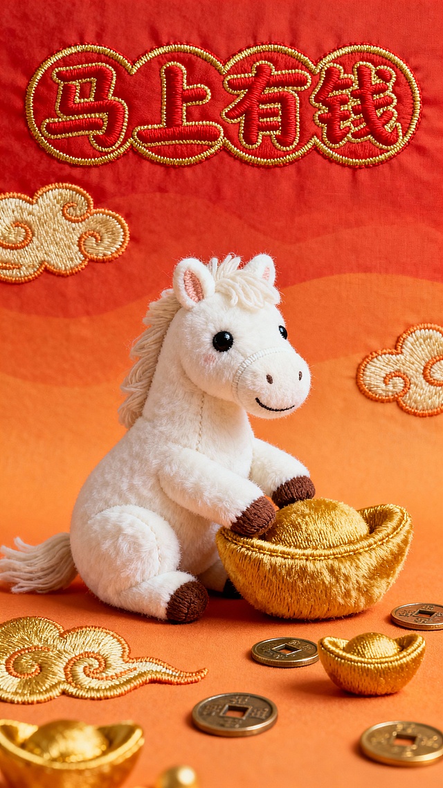 国潮风刺绣背景，毛绒小马轻拟物设计，搭配金元宝与古币，喜庆中式卡通感十足，传递“马上有钱”新年祝福。