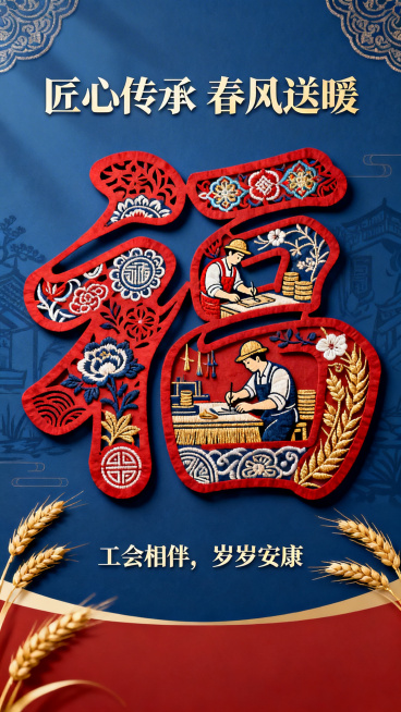 以剪纸、刺绣等宁夏非遗元素构成“福”字框架，框架内嵌劳动者工作场景，配色采用非遗靛蓝、朱砂红与麦穗金，边缘饰以回乡文化纹样，画面上方配有文案“匠心传承 春风送暖”，下方配有副文案“工会相伴，岁岁安康”预览效果