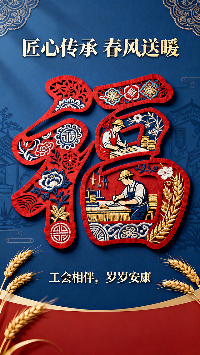 以剪纸、刺绣等宁夏非遗元素构成“福”字框架，框架内嵌劳动者工作场景，配色采用非遗靛蓝、朱砂红与麦穗金，边缘饰以回乡文化纹样，画面上方配有文案“匠心传承 春风送暖”，下方配有副文案“工会相伴，岁岁安康”