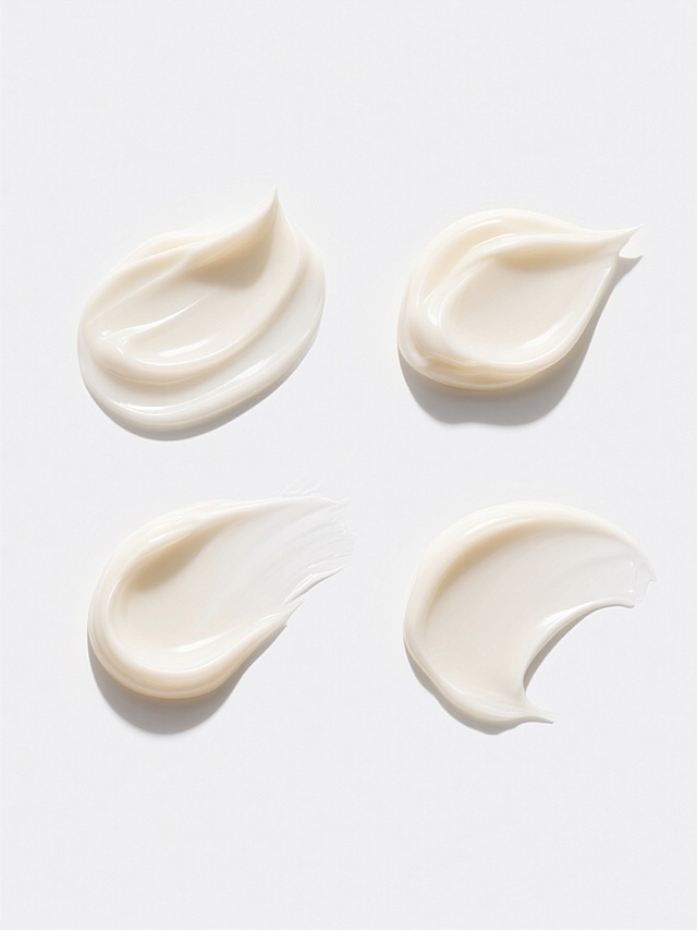 纯白色背景上，四个不同形态的膏体素材呈规整排布，每个膏体都具有细腻柔滑的质感，边缘清晰，带有自然的光影效果，展现出简约现代的整体造型，无任何文字、logo和水印。