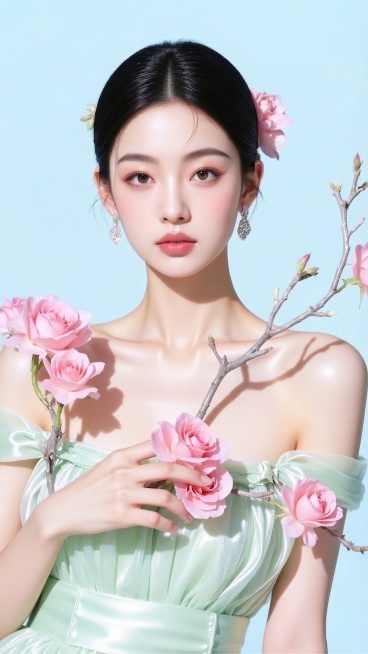 将背景颜色进一步提亮，保持浅天空蓝色调，保留人物、花枝和衣服的所有内容不变预览效果