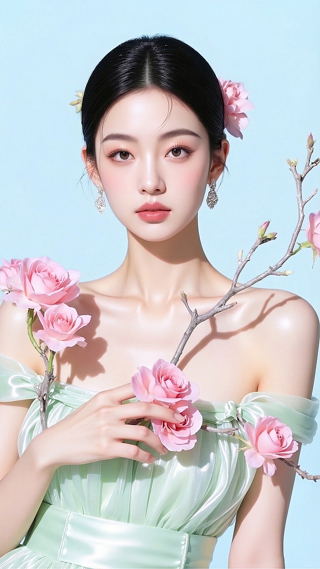 将背景颜色进一步提亮，保持浅天空蓝色调，保留人物、花枝和衣服的所有内容不变