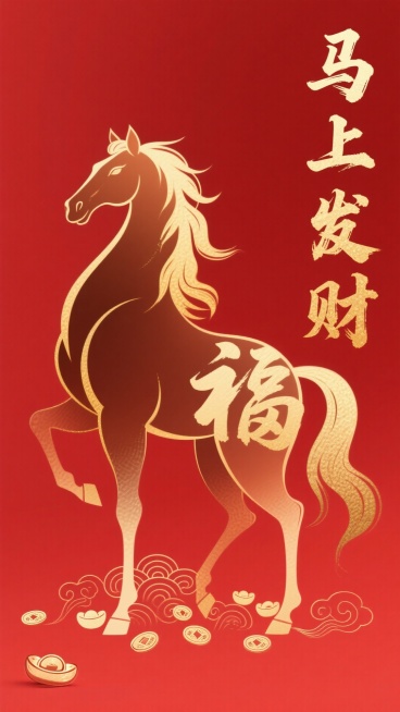 底色用哑光正红，画面中央是一匹线条流畅的抽象棕马，鬃毛用金色渐变线条勾勒，整匹马呈飘逸的草书 “福” 字弧度，马蹄踩着细碎的元宝纹与祥云纹。右侧竖排写着金色毛笔字 “马上发财”，左下角点缀一枚小巧的铜预览效果