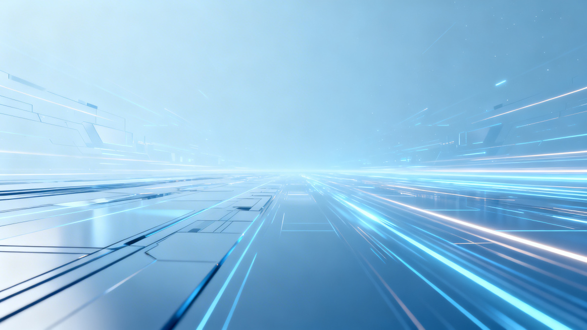 科技感十足的横屏背景，主色调为浅蓝色，整体充满未来科技感，带有抽象的科技元素、光效和线条，简洁大气预览效果