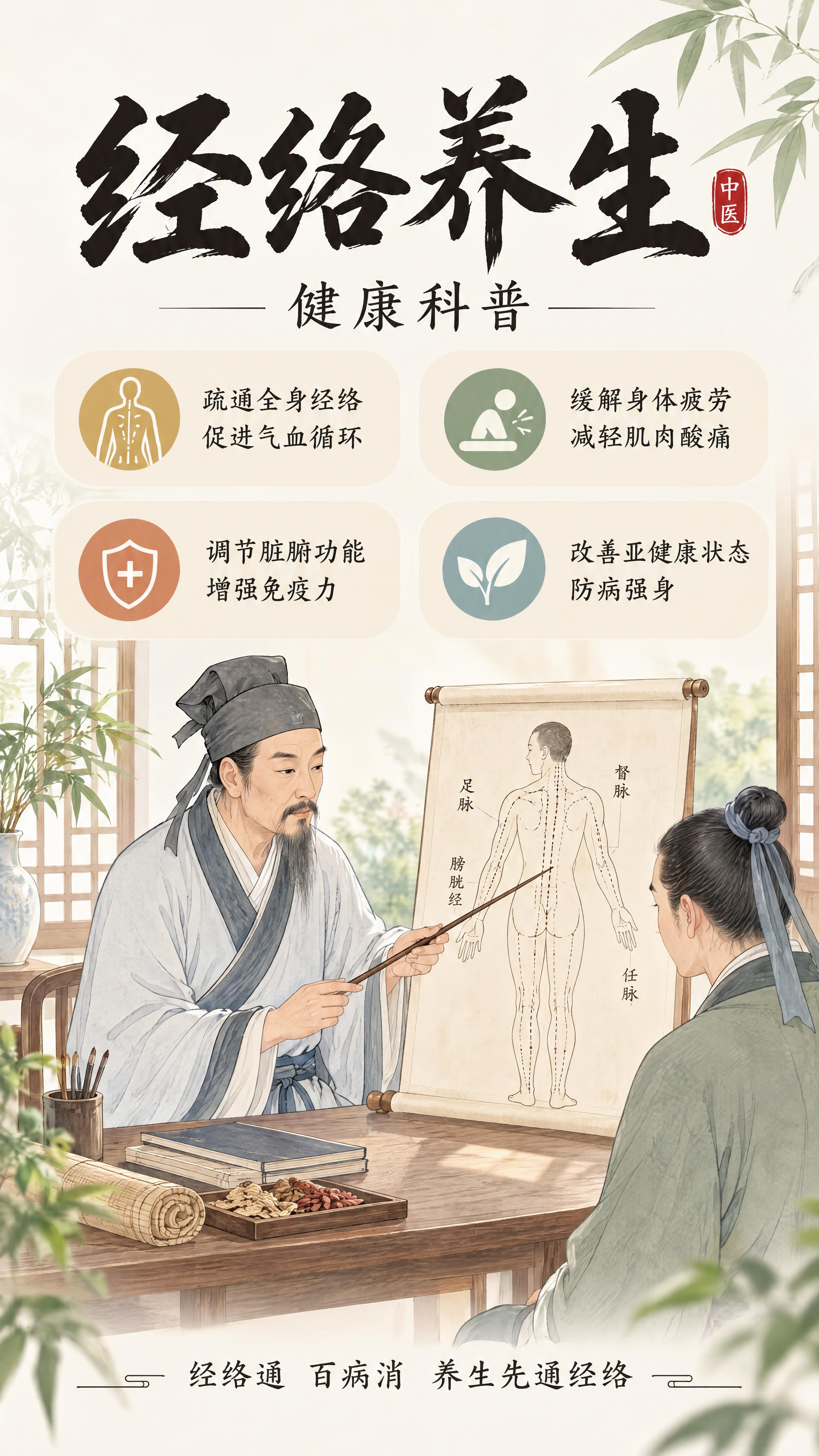 将这张经络养生海报改成清爽版本，文字不要太多。保留核心内容和人… - 图片创意预览