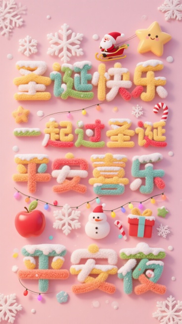浅粉色背景，四行雪花覆盖的3D毛绒风格圣诞艺术字。第一行：“圣诞快乐”，用雪花、五角星、圣诞帽装饰；第二行：“一起过圣诞”，用驾着雪橇的圣诞老人、五角星、拐杖糖果等元素装饰；第三行：“平安喜乐”，用苹预览效果
