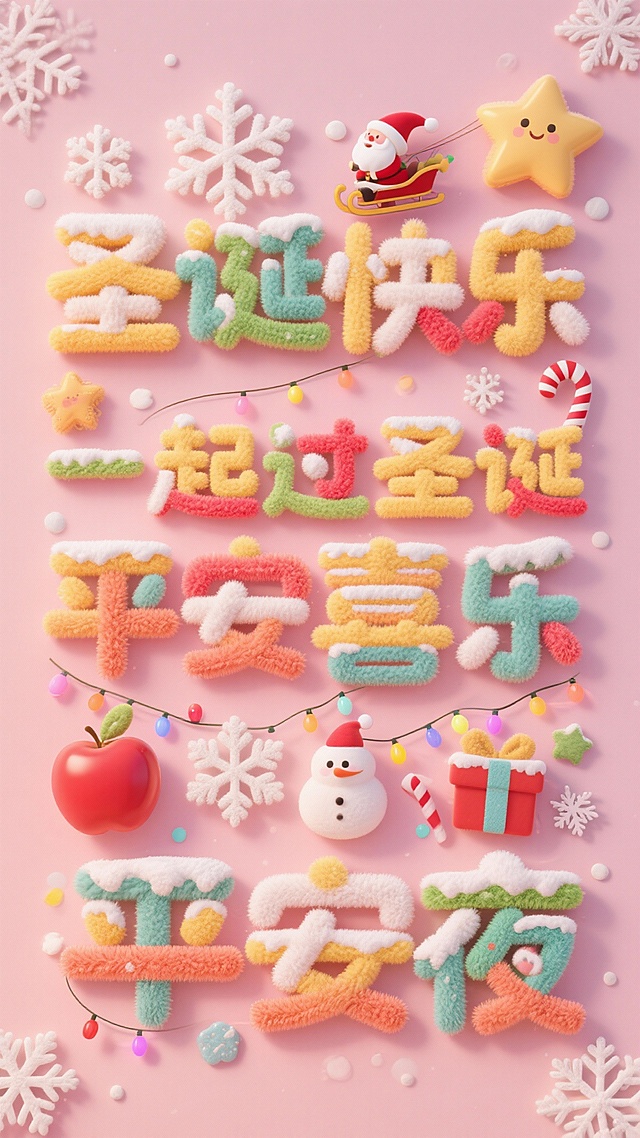 软3D毛绒风圣诞贺图，色彩缤纷，萌趣十足，结合卡通元素与节日符号，营造喜庆、甜美、可爱的平安夜氛围。