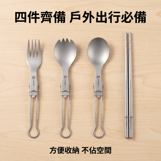 [主图-5] 整套产品套餐展示主图。
[氛围风格] 清晰直观，促进最终转化。
[画质] 商业摄影质感、光线均匀通透、产品清晰真实、画面干净高级。
[元素] 整套纯钛折叠餐具（叉、勺、叉勺、筷子四件套）预览效果