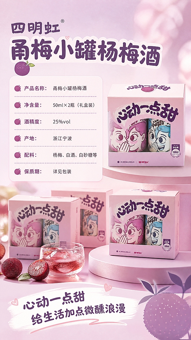 [商品] 使用【图1】礼盒装；保留粉色礼盒、开窗设计、"心动一点甜"文字、四明虹Logo、净含量标识；礼盒正面完整展示，位于画面右侧。
[画面] 目标：规格信息+收尾转化页，左侧参数右侧产品。构图：左右分栏型，左侧60%为规格信息区，右侧40%为礼盒产品图；底部有礼盒陈列/囤货感展示（多盒堆叠或摆放）；背景粉紫色渐变，底部有柔和光斑和杨梅剪影装饰。
[视觉] 套系策略：风格=甜美治愈系商业摄影，年轻情侣向，微醺氛围感；标题字=圆润可爱粗体字，带轻微手写感；正文字=简洁圆润无衬线体；主色=粉紫色（浅粉+淡紫渐变）；背景延展=基于粉紫色做深浅渐变、柔焦光斑、细腻纸张质感；强调色=深紫色，仅用于小面积图标、引线、标签和重点词高亮；标题色=深紫色；正文色=深灰紫；组件=圆角浅粉信息卡、虚线引线、杨梅小图标；光影=右侧产品正面柔光，左侧信息卡清晰可读。
[文字] 左上主标题"四明虹甬梅小罐杨梅酒"；下方规格参数表：「产品名称：甬梅小罐杨梅酒」「净含量：50ml×2瓶（礼盒装）」「酒精度：25%vol」「产地：浙江宁波」「配料：杨梅、白酒、白砂糖等」「保质期：详见包装」；底部收尾语"心动一点甜 给生活加点微醺浪漫"；所有文字横排，字号保证手机端清晰可读。
[规格] 图片比例9:16竖版，4K，负向提示：避免参数错误、文字过小、产品占比过大、虚假宣传用语。