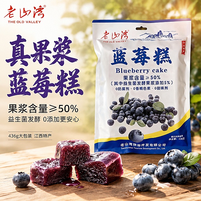 [主图-1] 蓝莓糕食欲首图 左文右图
[氛围风格] 清新蓝莓紫调食欲风 自然果味场景 商业摄影质感
[画质] 超高清商业摄影质感 光线柔和通透 产品清晰真实 画面干净高级 食物诱人有光泽
[元素] 画面右侧老山湾蓝莓糕包装袋居中偏右摆放 包装袋外观与输入产品图完全一致 颜色结构细节无变形色差 包装袋前方散落3-4块切开的蓝莓糕 截面晶莹Q弹 深紫色半透明质感 表面有细微光泽 旁边摆放新鲜蓝莓果实一小堆 绿叶点缀 蓝莓果汁微微溢出 背景为浅木色餐桌 远处虚化的蓝莓果园与暖阳光斑 左上角放置老山湾品牌Logo 字形颜色与原图一致 商品主体占比约65% 画面满屏无边框
[光影] 自然暖阳逆光从右上方斜射 穿透蓝莓糕截面呈现通透深紫色 包装袋表面有柔和高光 桌面投影自然 整体暖调 明暗层次丰富 无生硬阴影
[配色] 主色调深紫色 蓝莓紫 金黄色 辅助色浅木色 米白色 绿色叶片点缀
[视角构图] 平视微俯视角 景深中等 右侧产品为视觉中心 左侧留负空间放文案
[文字版式] 左侧负空间左对齐 主标题大字"真果浆 蓝莓糕" 深紫色粗体书法风 最大号 下方辅助文案"果浆含量≥50%" 黑色中号 再下方"益生菌发酵 0添加更安心" 小号深灰色 底部小字"436g大包装 江西特产" 所有文字清晰可读 不遮挡产品主体
[输出要求] 1:1比例 文字清晰锐利 超高清商业摄影质感
[负向提示词] 变形 文字错乱 产品图模糊 背景杂乱 水印 电商平台Logo 多余手指 手部扭曲