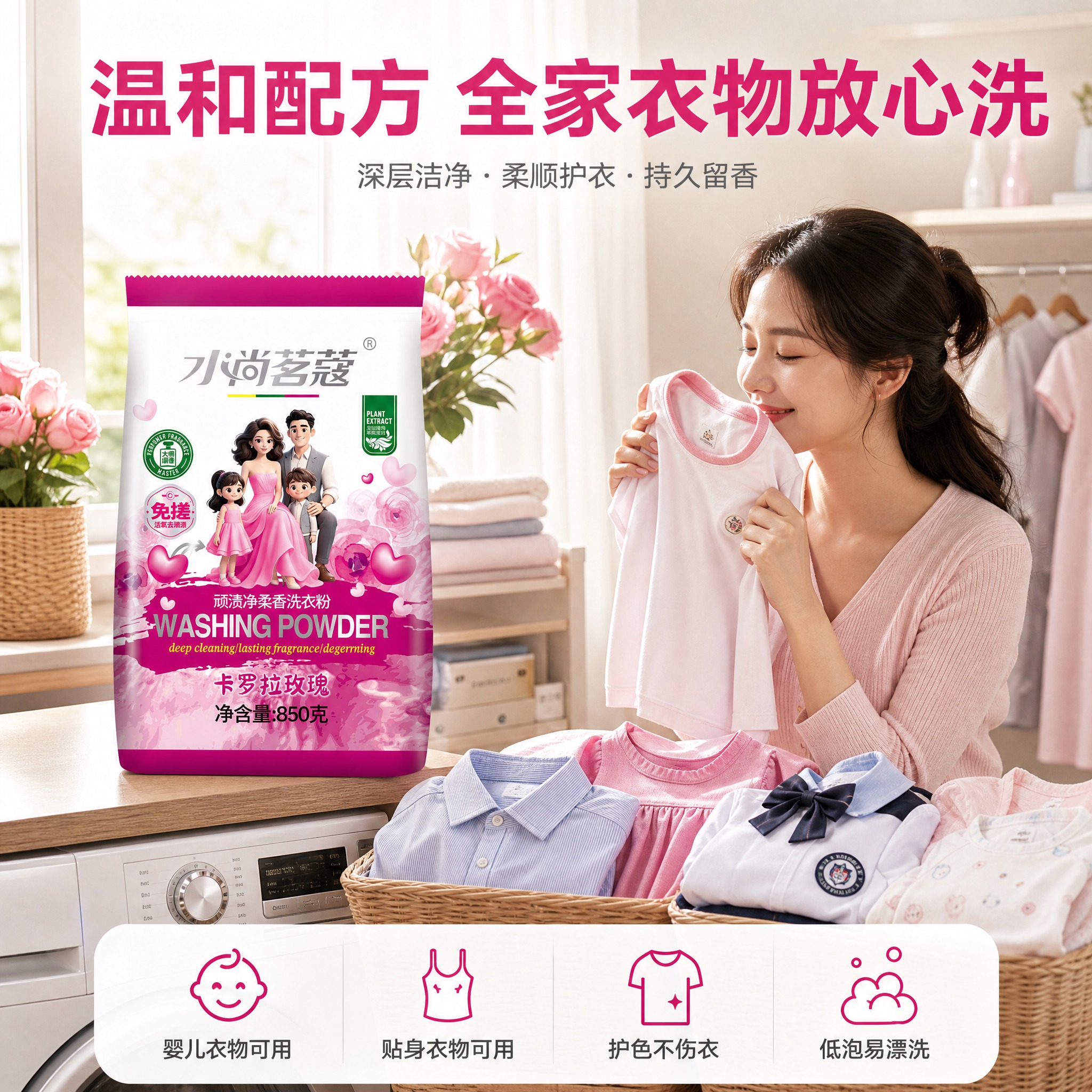[主图-4] 水尚茗蔻顽渍净柔香洗衣粉（卡罗拉玫瑰 850克）… - 图片创意预览