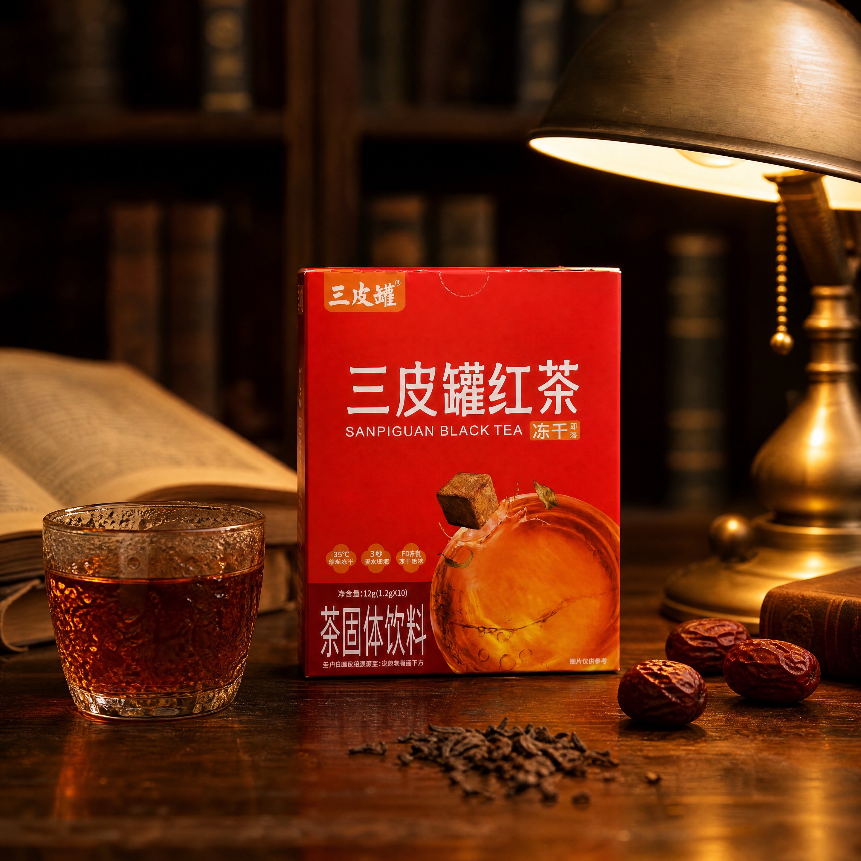 超写实商业产品摄影。 主体：三皮罐红茶红色包装盒严格参照上传产… - 图片创意预览
